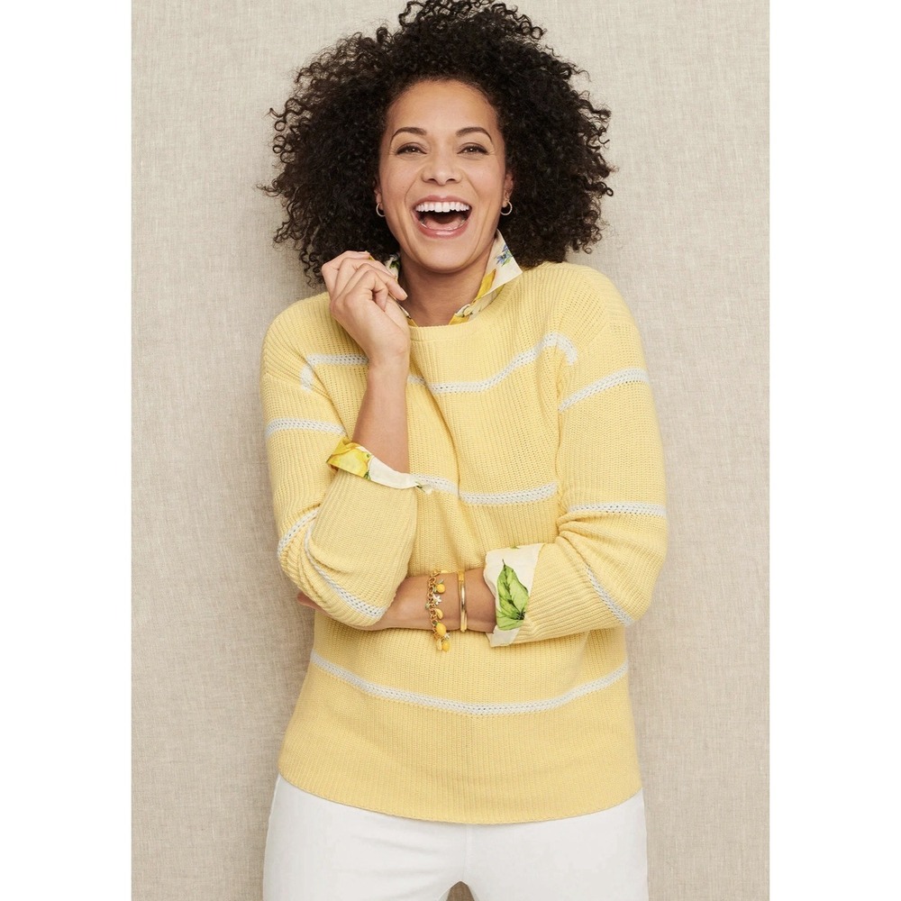 Talbots Women's Yellow Striped 100% Pima Cotton Bateau Neck Sweater Size Small